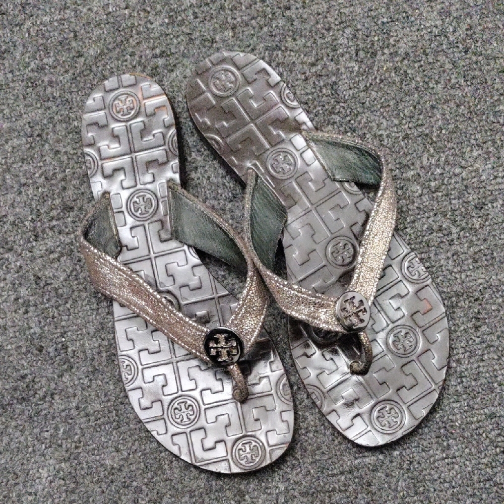 Tory Burch Metallic Bronze Logo Thong Sandals
